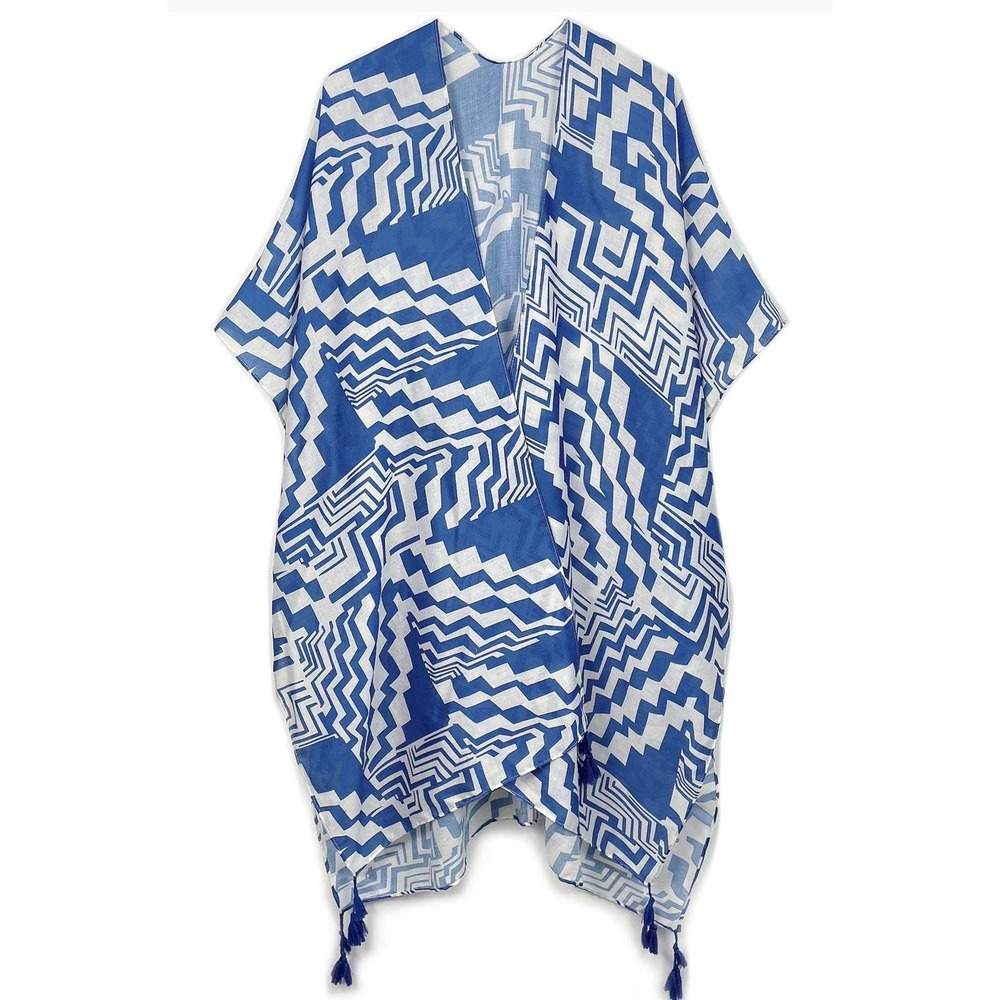 Blue White Geometric Art Boho Kimono Wrap Shawl Cover Up